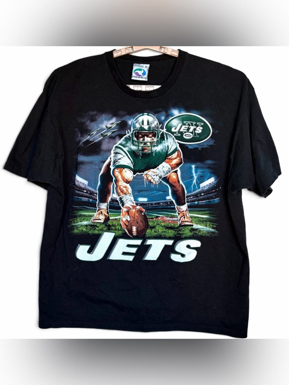 Vintage 90s New York Jets Liquid Blue NFL Football NY Black T-shirt Size XL USA